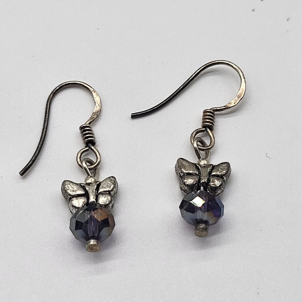VTG Sterling Silver Butterfly Dangle Drop Earrings Dainty Purple AB style bead